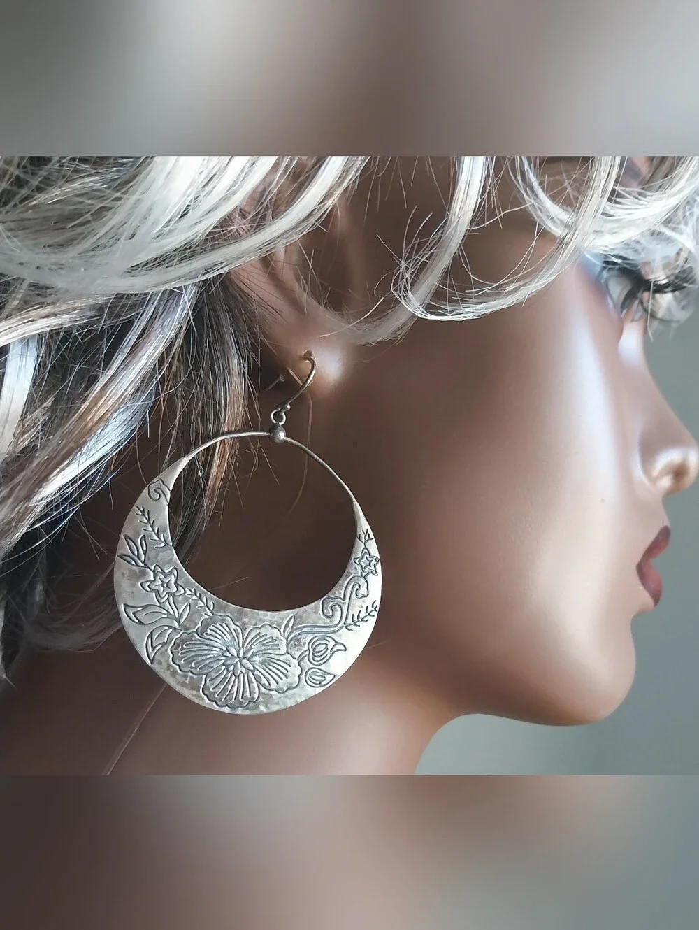 Sterling Silver Floral Crescent Hoop Earrings - Women Jewelry - Picture 1 of 8